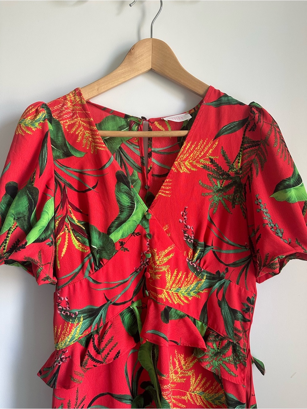 Red Tropical Print Midi Dress with Ruffle Detail